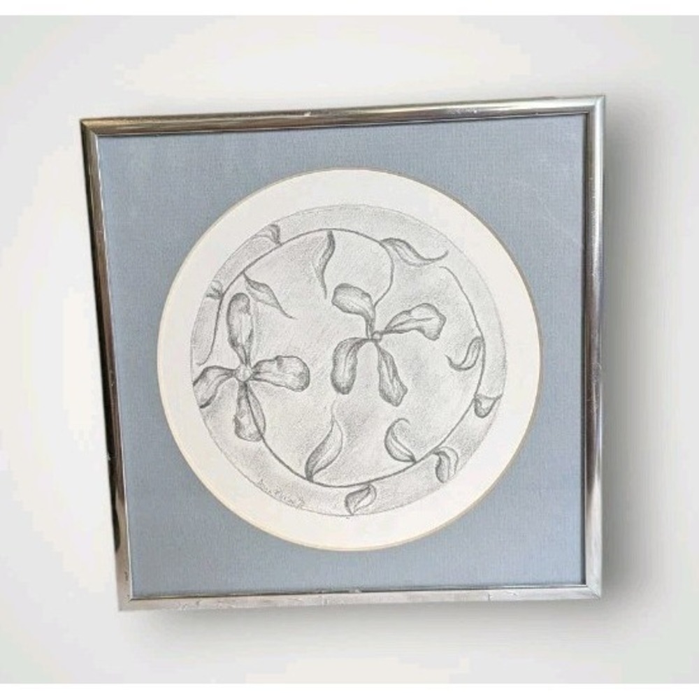 Signed Art Original Drawing Pencil 90s Framed Flowers Student Artist Floral 8x8